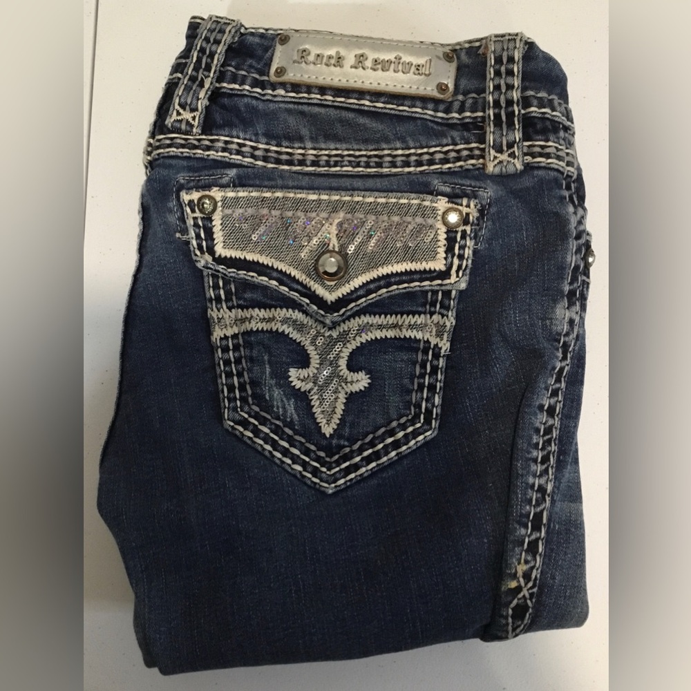 Rock Revival Dark Blue Bootcut Jeans with Embroidered Back Pocket By Buckle